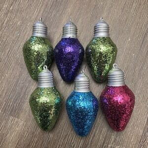 Large Christmas Light Bulb Glitter Sparkle Ornaments Set of 6 Green Purple Pink
